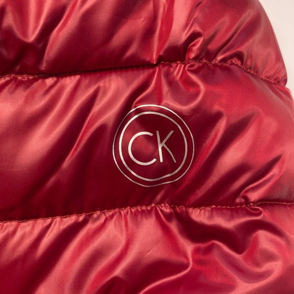 Calvin Klein Puffer Down Jacket Hooded Red Womens 1X Plus Shiny Zip Pockets - Picture 9 of 10